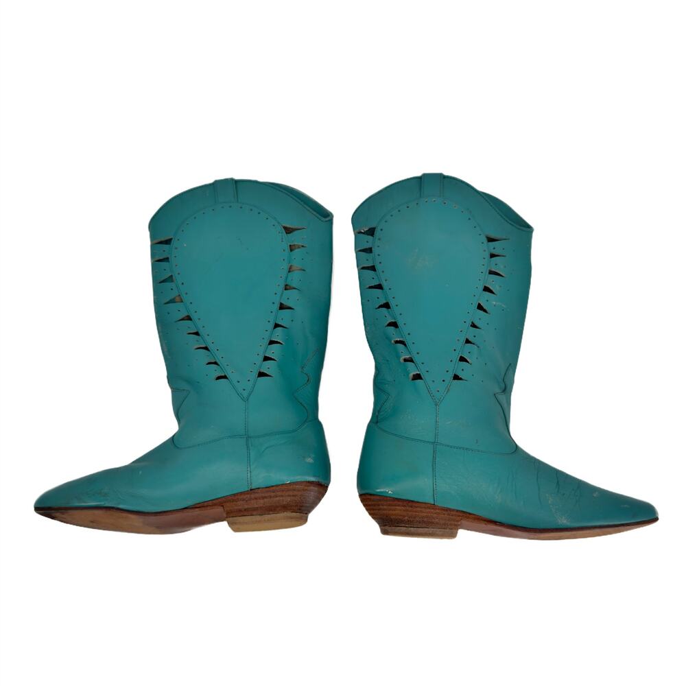 Vintage 80s Concho Stoned Southwestern Cowgirl Boots 6 / 5.5 Turquoise Leather - Picture 5 of 15